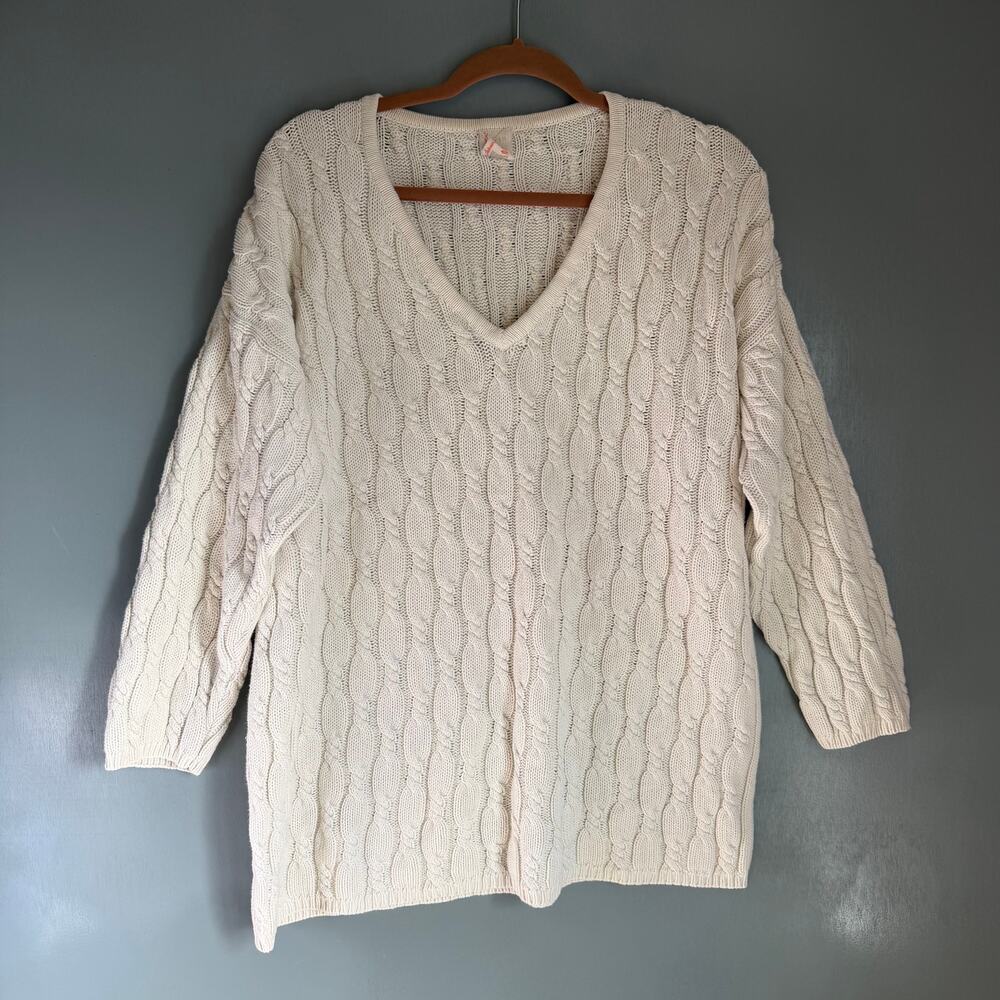HANNA ANDERSSON Women's Med White Cable Knit Pullover V Neck Cotton Sweater